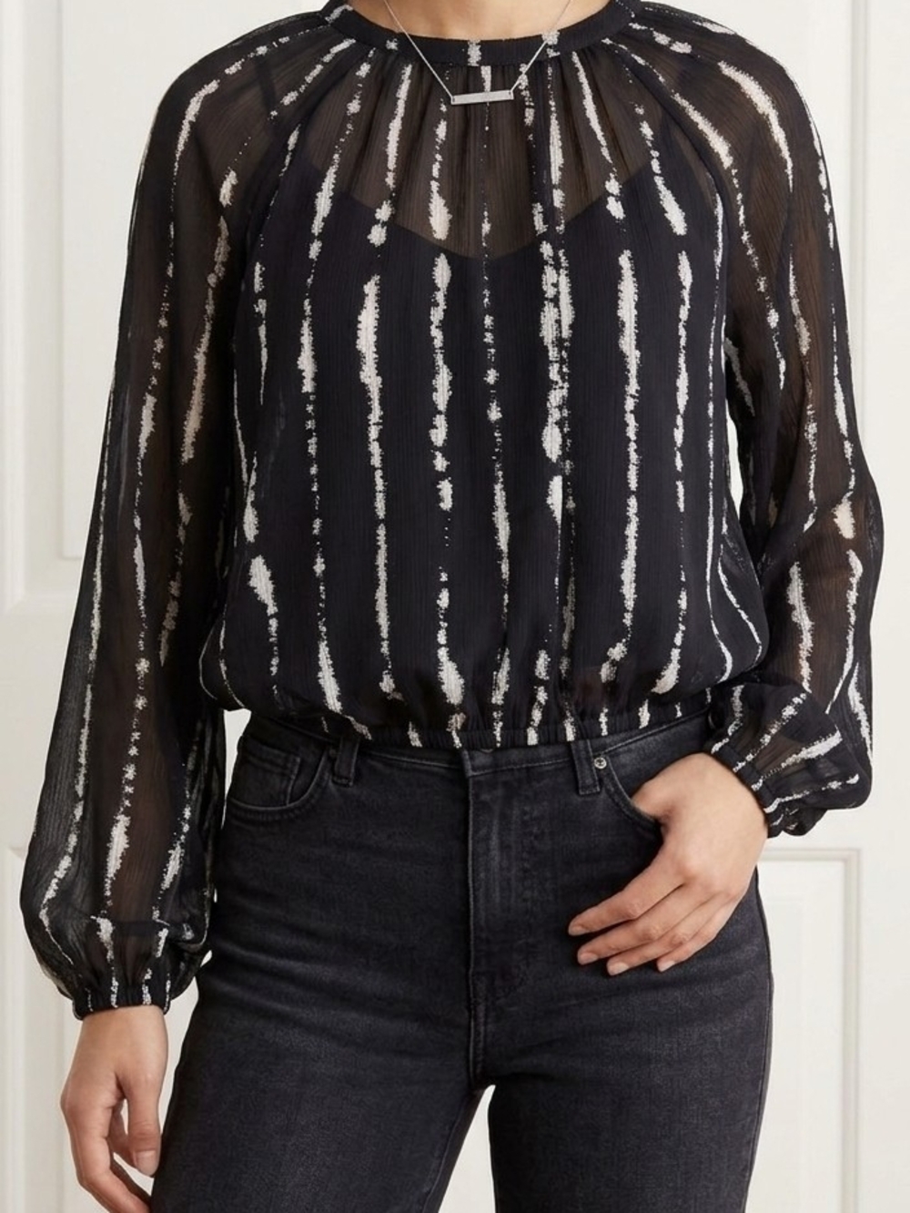 H&M Black Stripe pleated semi sheer ballon-Sleeve Blouse 4